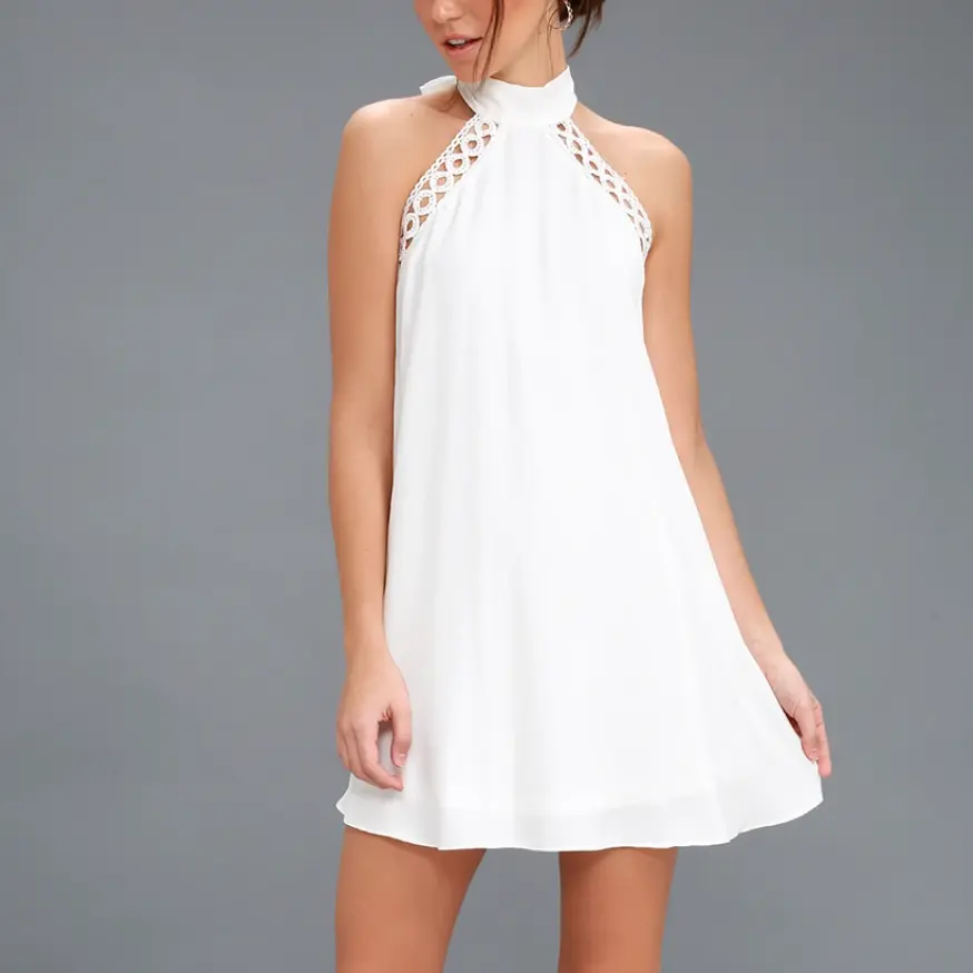 Women Elegant Lace Mini Dress Tie Backless Sleeveless White Halter Cute Dress