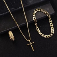Ensemble de Bijoux Homme Mode 3 Pièces Hip Hop, Chaîne Cubaine, Collier Croix, Bracelet et Bague, Plaqué Or en Alliage