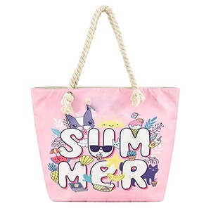 Grand sac de plage en toile imperméable rose avec poignée en corde de coton - Product Image 3
