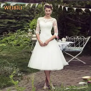 Vestidos De Casamento De Jardim De Renda Curta Mangas Meia Pescoço Sheer Lace Tule Vestidos De Casamento Nupcial Comprimento Do Joelho