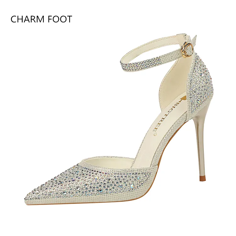 Korean version sweet thin heel shallow mouth pointed hollow out word with shiny Rhinestone high-heeled sandals