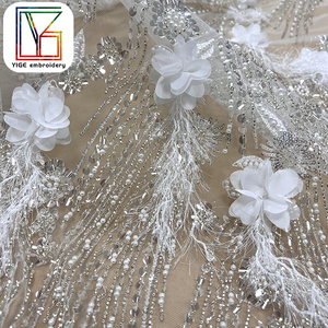 Handmade 3D hoa với lông tua đính cườm Wedding Dress ren vải pháp Net <span class=keywords><strong>sequin</strong></span> ngọc trai thêu Bridal ren vải - Product Image 5