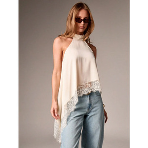 Top de satén sin mangas para mujer con cuello halter, ribete de encaje patchwork, espalda descubierta y diseño de blusa irregular - Product Image 2