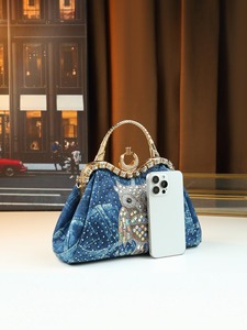 Borsa da Sera in Denim con Design Gufo Stampato a Caldo, Borsa a Tracolla in Poliestere alla Moda con Cinghia Singola e Clip, Completamente Decorata con Diamanti, da Donna per Halloween - Product Image 3