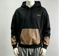 Fabricant de streetwear haut de gamme, sweat-shirts pour hommes en coton 100% noir surdimensionné, 400 g/m², avec broderie et applications en cuir