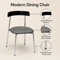 Chaise de salle à manger industrielle moderne en bois noir avec dossier rembourré, structure en métal chromé, emballage plat KD, vente en gros pour restaurants et parcs