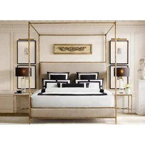 Lit à baldaquin en bois avec panneau en tissu et laiton forgé à la main, mobilier de chambre à coucher moderne de luxe, lit king-size - Product Image 1