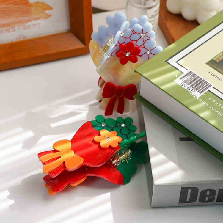 CANAYUAN Environmentally Friendly Material 10.5cm Colorful Splicing Flower Acetate Hair Claws Sweet Flower Hairpins for Ladies