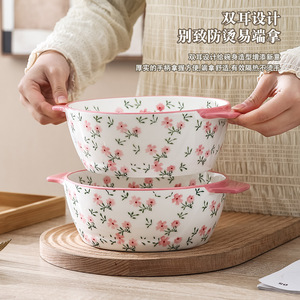 Factory custom-made small floral double-eared ceramic noodle <b>bowls</b> and <b>large</b>-capacity household soup <b>bowls</b>; custom-made ceramic - Product Image 3