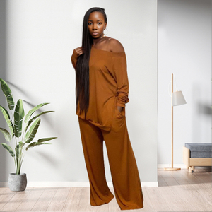 Ensemble deux pièces décontracté pour femme, chemisier fendu grande taille et pantalon large, tenue de détente - Product Image 4