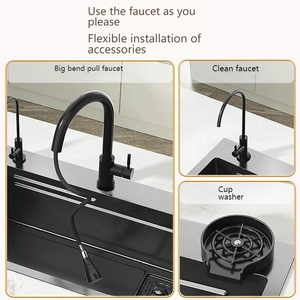 Évier de cuisine en acier inoxydable noir mat 8045 avec robinet cascade et <span class=keywords><strong>lave</strong></span>-<span class=keywords><strong>vaisselle</strong></span> intégré pour la cuisine au-dessus du comptoir - Product Image 6