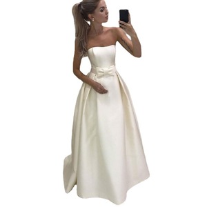 Simple Satin Strapless Bow A-Line Ivory White Wedding Dress Floor Length - Product Image 2