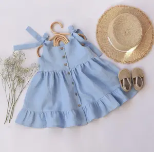 Summer popular kids Sweet casual cotton linen dress toddler baby little girl linen fabric solid sleeveless vintage dresses