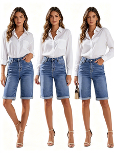 Nouveauté 2026 <span class=keywords><strong>Short</strong></span> <span class=keywords><strong>en</strong></span> <span class=keywords><strong>jean</strong></span> Bermuda pour femme, taille haute, extensible, longueur genou, effet amincissant et contrôle du ventre, décontracté - Product Image 3