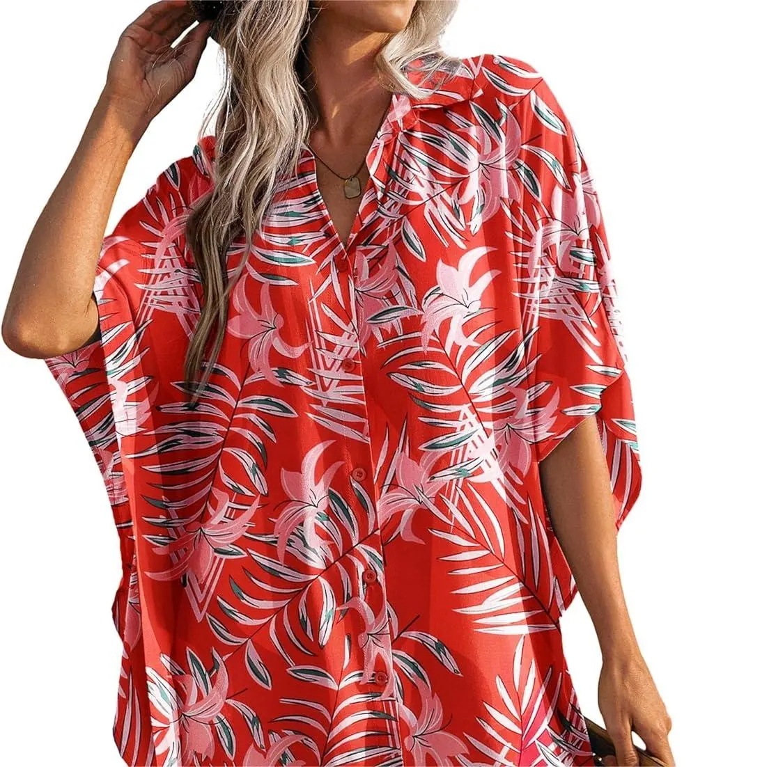 Zomer Op Maat Gemaakte Tops Tropische Bloemenprint 100% Rayon Korte Mouwen Over Maat Vrouwen Knoopsluiting Jurk Voor Vakantie