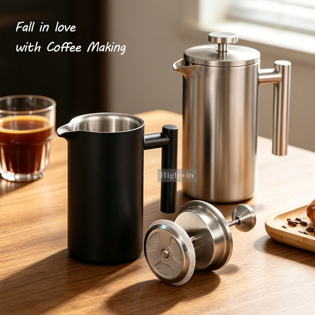 HIGHWIN Classic Style Durable Coffee Maker French Press Multi-capacity Double Wall Heat Insulation French Coffee Press