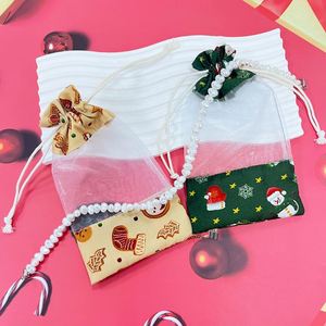 Petite pochette élégante en organza de coton avec cordon de serrage pour la décoration de fête de Noël, pour les cadeaux de Noël, la décoration de festival, l'emballage de vacances - Product Image 3
