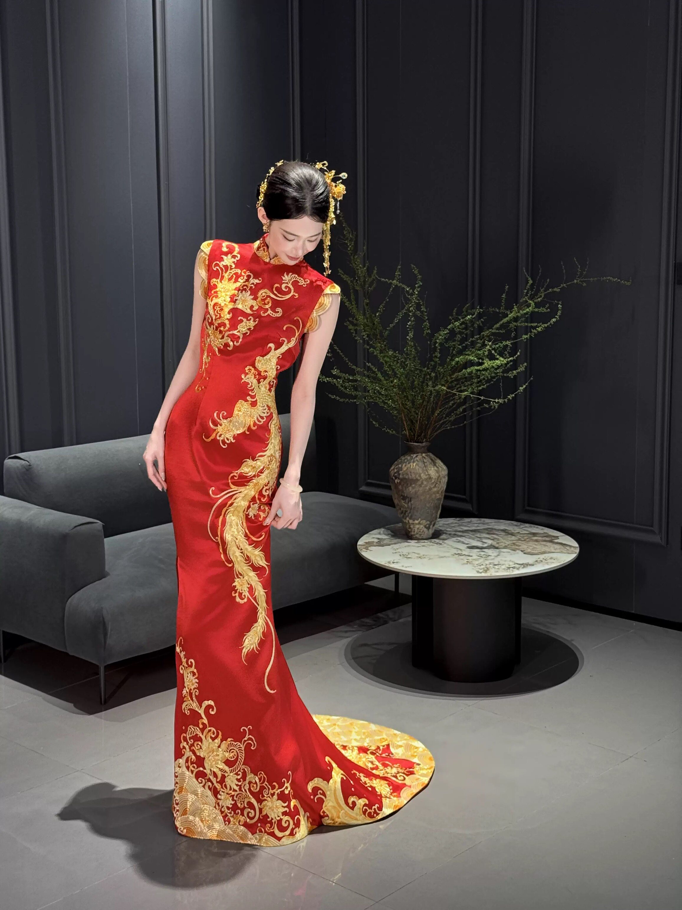 open lace back dress Red Carpet Cheongsam, Wedding Qipao Cheongsam, High-End Chinese Dress