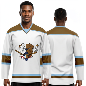 Camiseta de Hockey sobre Hielo para Hombre, Cuello en V, Manga Larga, Diseño Gráfico de Bulldog, Blanca, Marrón, Azul, Malla Transpirable - Product Image 1
