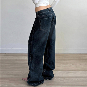 Jeans amples de style américain pour femmes, fermeture éclair asymétrique, jambe droite, large, longueur au sol, pantalon en denim - Product Image 6