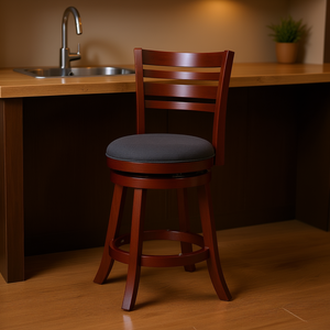 24 Inch Swivel <b>Stool</b> Slat <b>Back</b> Cherry Finish Charcoal Fabric Seat <b>Counter</b> Height Home Furniture - Product Image 2