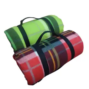 cheap price promotion polar fleece blanket in roll custom checked design printed plaid travel blanket folded with strap handle