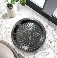 Assiette à fond plat en acier inoxydable de style américain, écologique, avec motif en relief, plateau épais pour aliments et fruits, incrustation dorée gravée