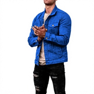 Veste en jean bleu délavé pour homme, col montant, style décontracté, fermeture à bouton unique, coupe ajustée, longueur standard, en vente - Product Image 3