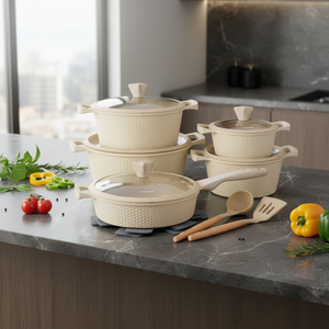 Luxury White Die Cast Aluminum Cookware Set 15pcs Textured Diamond Pattern Non-Stick Pots and Pans With Wood <strong>Knobs</strong> Casseroles - Product Image 1