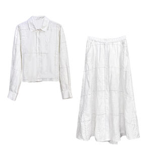 Ранняя осень женская одежда 2025 льняная вышивка Изысканная сетчатая ажурная рубашка с высокой талией и юбкой - Product Image 1