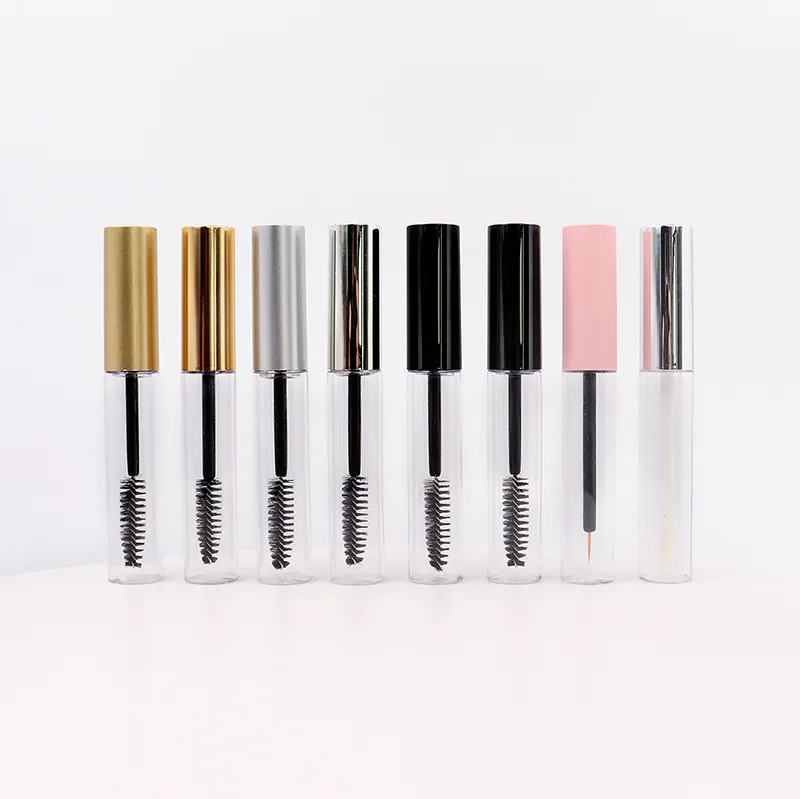 Bán buôn 10ml Rỗng Mascara Ống lông mi Wand Kem lọ chai Mẫu mỹ phẩm container cao su bên trong với Black Gold Pink cap