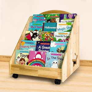 Montessori Kệ sách 5 tầng trẻ em bằng gỗ tủ sách trẻ em lưu trữ Tạp Chí giá sách hiển thị giá với bánh xe và bảng đen - Product Image 1