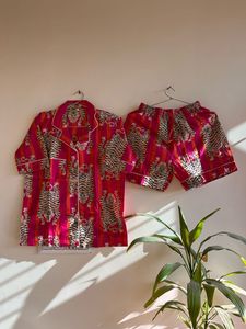 Conjunto de pijama de algodón con rayas rosas y naranjas para mujer, ropa de casa con estampado de tigre Sexy, pantalones cortos, ropa de dormir suave y cómoda con estampado de bloques a mano - Product Image 2