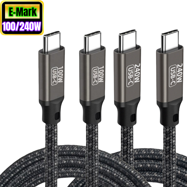 240W 5A Nylon Braided Type-C PD Data Cable E-mark 100W USB C to USB C PD Fast Charging Cable for iPhone 16 18 Mac Samsung Laptop
