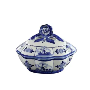 Delft cerâmica azul e branco stoneware trinket box com design floral e de moinho