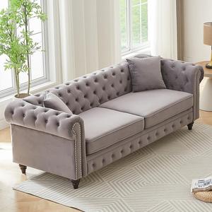 Sofá Chesterfield Italiano de Alta Gama, Posmoderno, Tapizado en Tela, Lujoso y Cómodo, de Tres Plazas, con Patas de Madera Maciza - Product Image 2