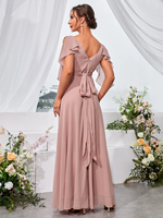 Robe de Demoiselle d'Honneur Longue en Chiffon Haut de Gamme à Volants et Épaules Dénudées, Col en V, Coupe Évasée, pour Dîners, Mariages et Soirées