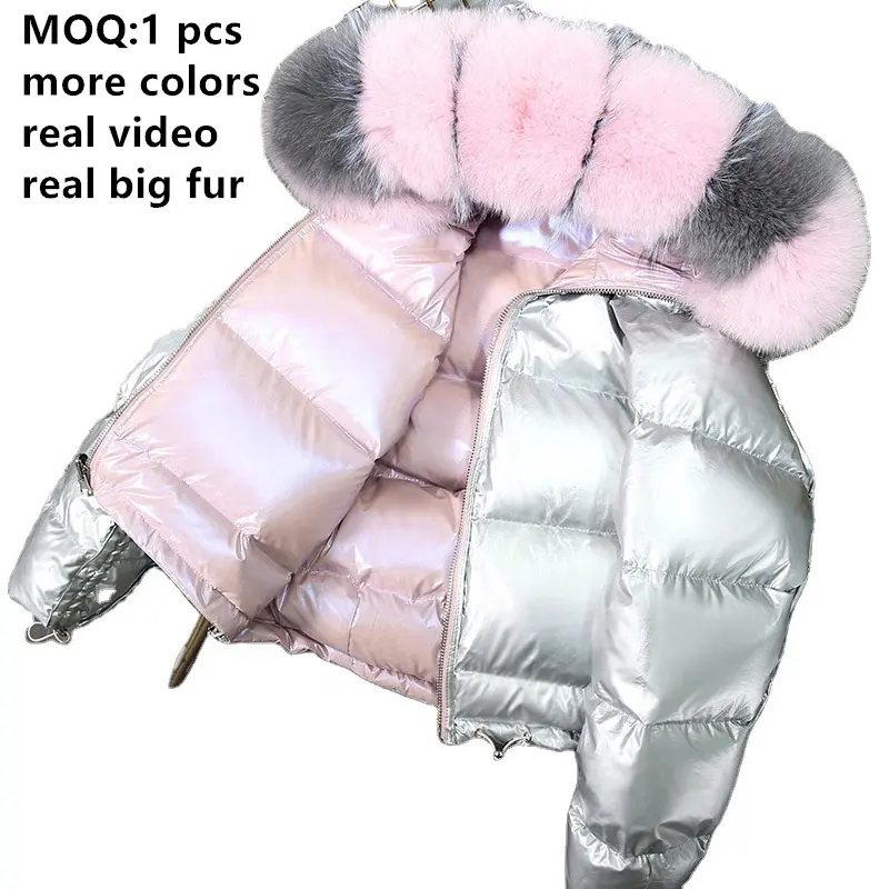 MOQ1-abrigo de invierno para mujer, con capucha desmontable Parka, corta, gruesa, de piel de zorro, Reversible, plumas de pato, 2021