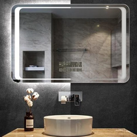 Miroir de salle de bain intelligent carré moderne pour hôtel, personnalisé, LED trois couleurs, gradation, anti-buée, 6 touches, haut-parleur, écran tactile