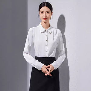 Women's Blue Satin Long Sleeve Shirt Solid Color Office Wear Slim Fit Elegant Professional Blouse - Product Image 2