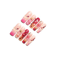 24 faux ongles à presser, forme cercueil, rose French, motif étoile de mer magenta, avec lime à ongles, vente en gros et dropshipping