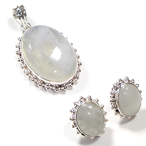 925 Sterling Silver Rainbow Moonstone Jewelry Set Pendant Earrings Oval Gemstone Bezel Setting Women's Classic Everyday Wear - Product Image 1