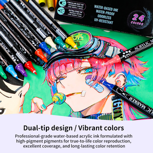 Marqueurs de peinture acrylique artistique à double pointe (pinceau et pointe fine) 24 couleurs, résistants à la décoloration, pour utilisation multi-surfaces (roche, toile, verre et bois) - Product Image 3