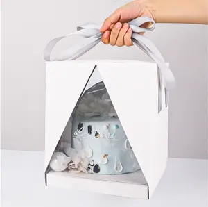 Оптовая продажа, высокая прозрачная пластиковая коробка для упаковки тортов, квадратная коробка для свадебных тортов с лентой
