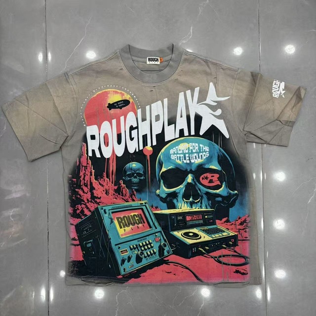American Streetwear Fashion Washed Destroyed Distressed Vintage Print Rhinestone-Embroidered Patchwork T-Shirt