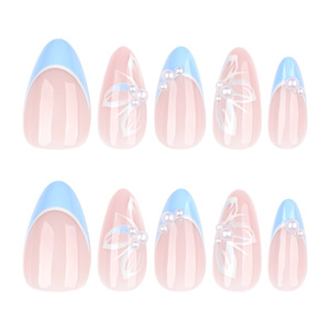 <span class=keywords><strong>Faux</strong></span> <span class=keywords><strong>Ongles</strong></span> en Acrylique Réutilisables de Haute Qualité, Couverture Complète, Forme Amande Courte, Bleu Papillon Français, Effet Perle, 24 Pièces, Vente en Gros - Product Image 4