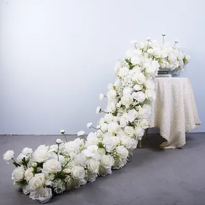 Op Maat Gemaakte Service Witte Roos Tafel Loper Kunstbloemen Voor Bruiloft Decoratie Faux Achtergrond Decor Bruiloft Bloemen