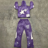 Ensemble de survêtement unisexe délavé à l'acide avec sweat à capuche zippé et pantalon évasé effet vieilli et patchs