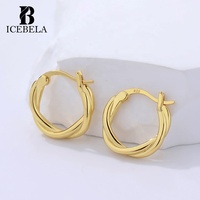 ICEBELA Vente en gros de bijoux fins européens minimalistes, boucles d'oreilles créoles torsadées plaquées or 18 carats, boucles d'oreilles en argent 925 pour femmes