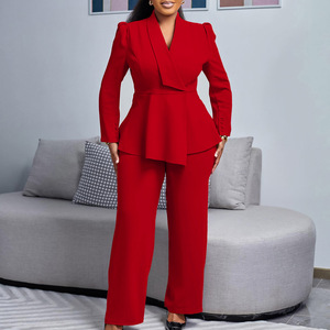 Ensemble Printanier Tendance et Élégant <span class=keywords><strong>pour</strong></span> <span class=keywords><strong>Femme</strong></span> de Bureau : Blazer Col V à Manches Longues et Pantalon Large Africain Deux Pièces - Product Image 4
